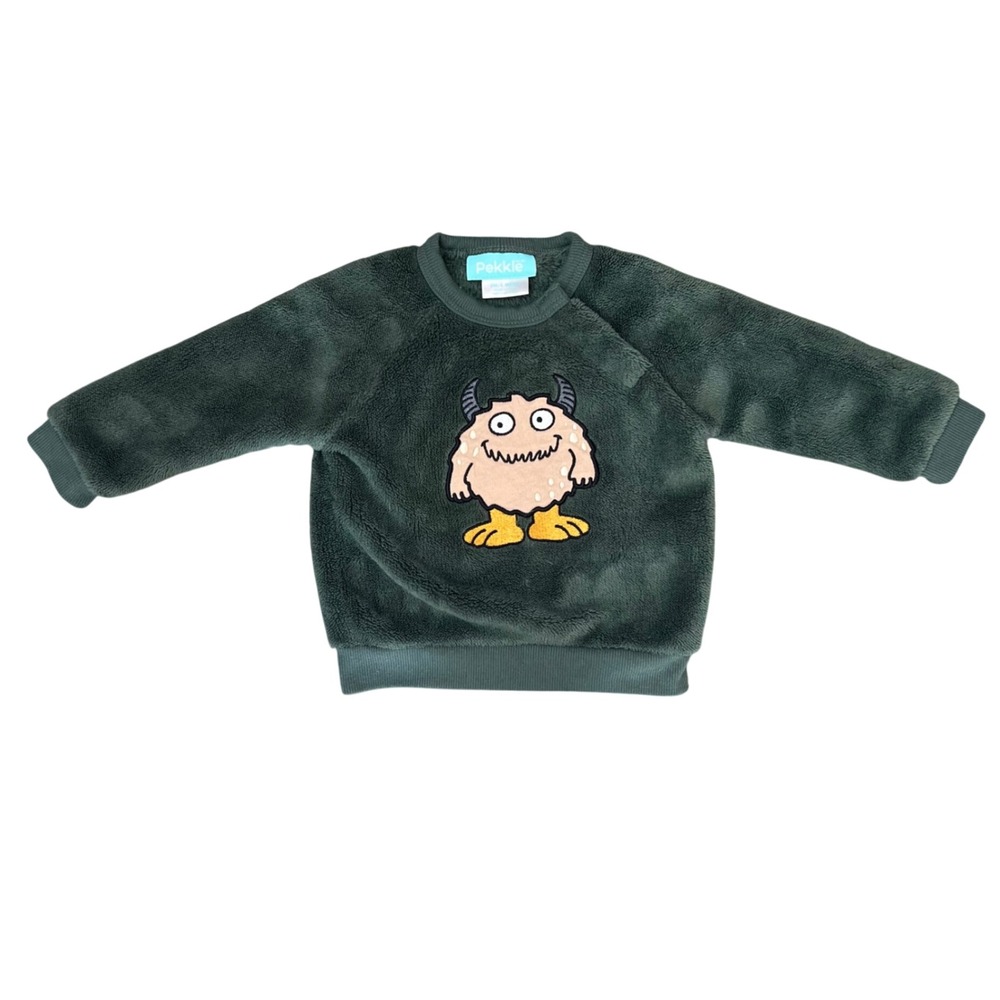 Pekkle Kids Forest Green Faux Fur Monster Patch Sweatshirt 6M Snaps